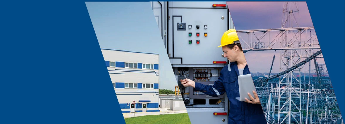 Collage d'un bâtiment, d'un technicien et d'un réseau haute tension.